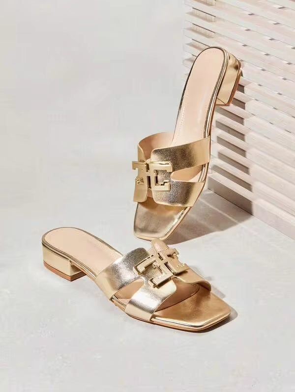 SHUZIA Top Seller Women's H Buckle Decor Square Toe Low Block Heel Glossy Pat Light Gold Slides - Luxe Style, Versatile & Comfortable