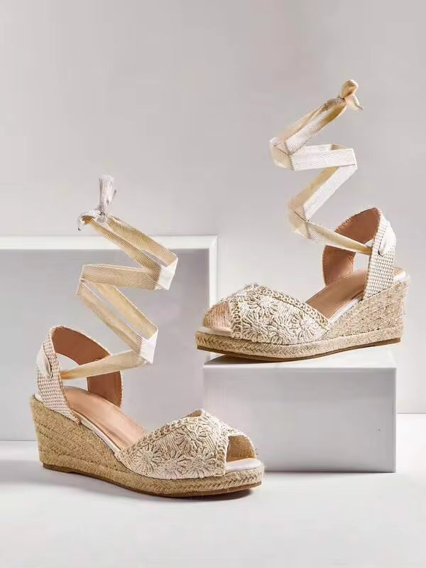 SHUZIA Women's Elegant Crochet Thick Platform Espadrilles With Leg Wrap