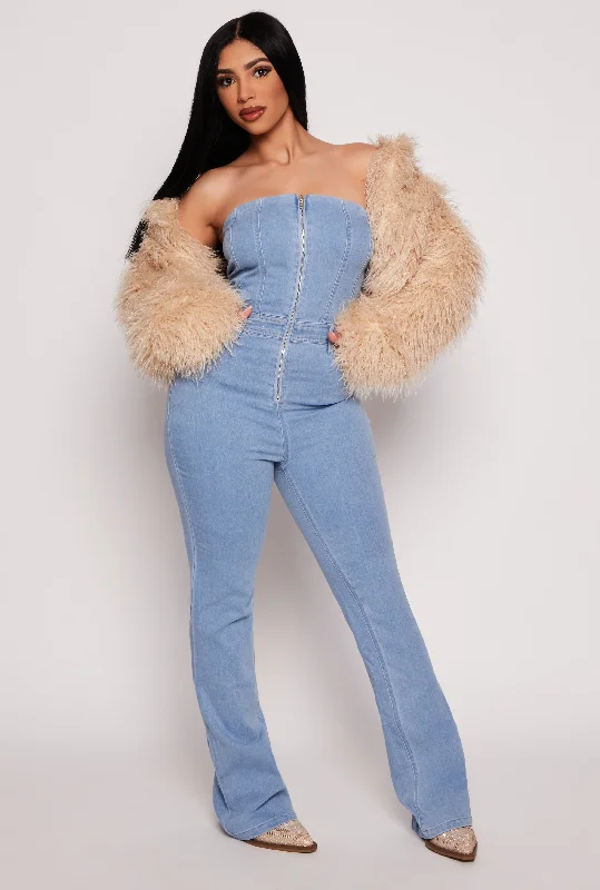 Denim Strapless Zip Front Jumpsuit