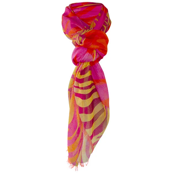 Printed Square Scarf with Fringe in Orange/Fuchsia Zebra