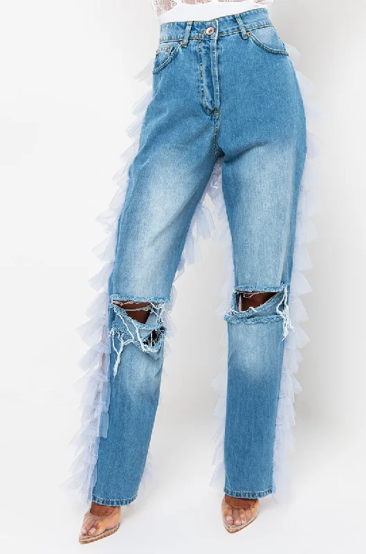 PRETTY LADY DENIM JEANS WITH BACK RUFFLE TULLE TRIM LIGHT BLUE