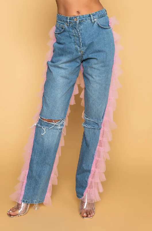 PRETTY LADY DENIM JEANS WITH BACK RUFFLE TULLE TRIM LIGHT PINK