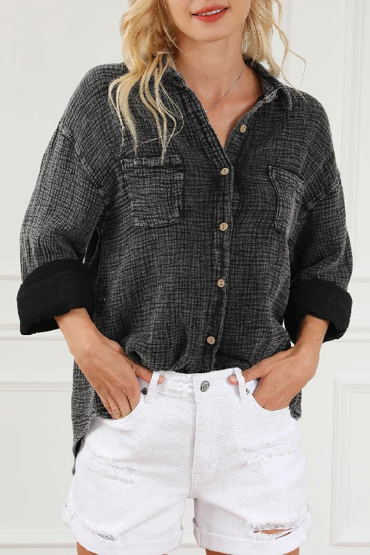 Mineral Wash Crinkle Textured Chest Pockets Shirt