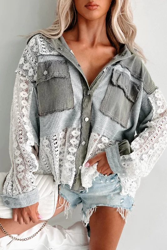 Unique & Interesting POL Lace Crochet Button-Down Shirt (Dusty Grey)